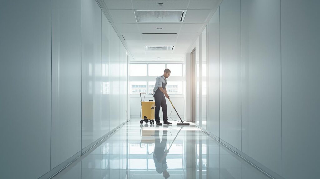 Professional cleaning worker inside a modern office space bright natural light corporate cleaning service high quality realistic photography business environment clean and minimal style